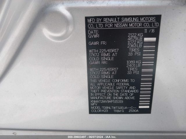 KNMAT2MV9HP515319 Nissan ROGUE SV