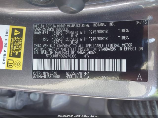 5TDJKRFH3GS278396 Toyota Highlander Xle V6
