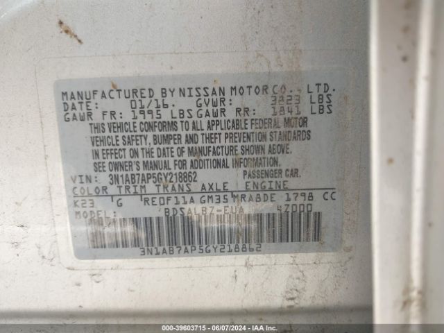 3N1AB7AP5GY218862 Nissan Sentra Fe+ S/s/sl/sr/sv