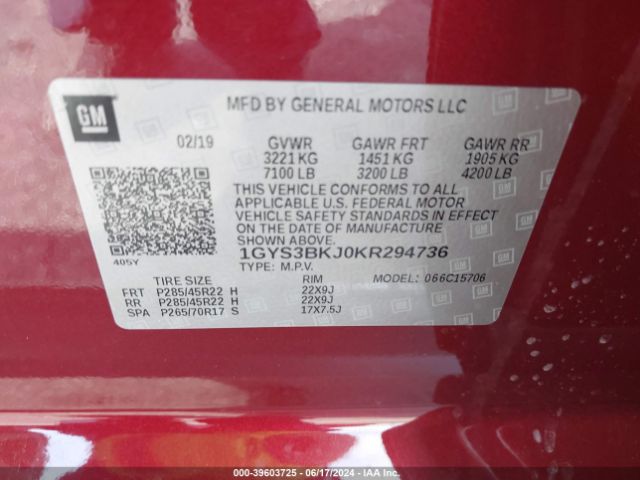 1GYS3BKJ0KR294736 Cadillac Escalade Luxury