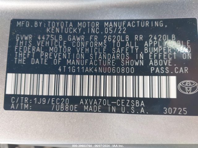 4T1G11AK4NU060800 Toyota Camry Se Nightshade Edition