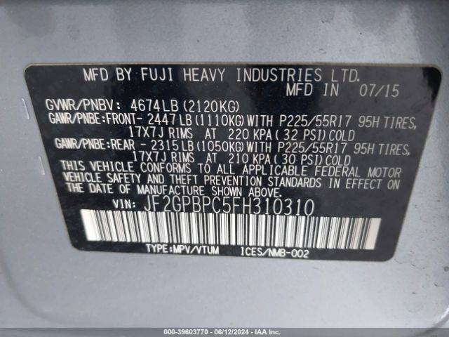 JF2GPBPC5FH310310 Subaru Xv Crosstrek Hybrid Touring