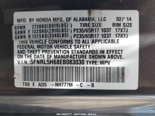 Honda Odyssey Ex-l 2014 5FNRL5H68EB083030 Image 9