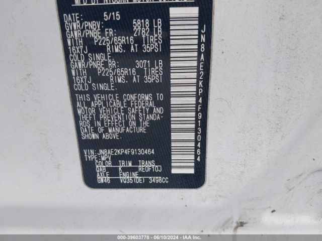 JN8AE2KP4F9130464 Nissan Quest Platinum/s/sl/sv