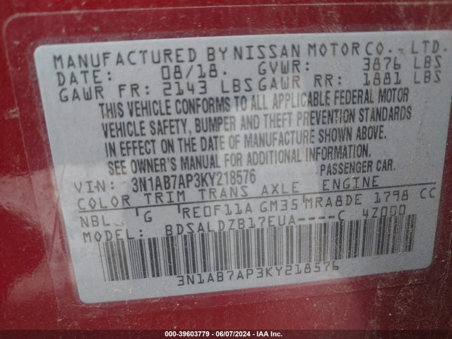Nissan SENTRA SV 2019 3N1AB7AP3KY218576 Image 9