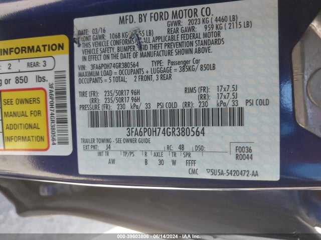 Ford FUSION SE 2016 3FA6P0H74GR380564 Image 9
