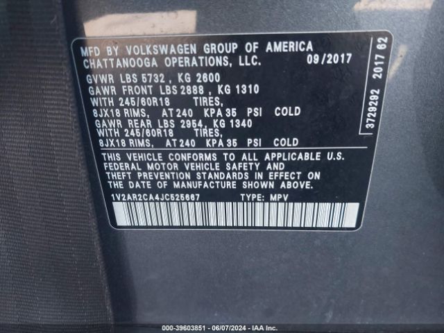 1V2AR2CA4JC525667 Volkswagen Atlas 3.6l V6 S