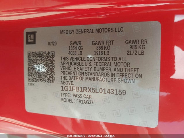 Chevrolet Camaro Rwd  1ls 2020 1G1FB1RX5L0143159 Image 9