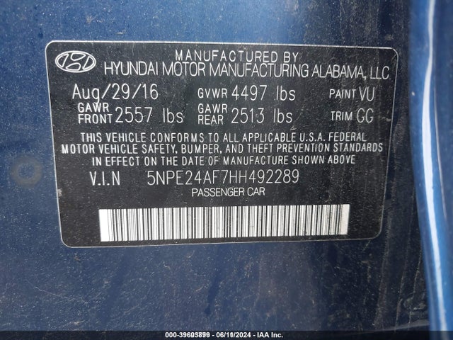 Hyundai Sonata 2017 5NPE24AF7HH492289 Image 9