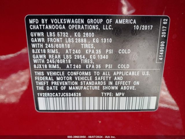 1V2ER2CA7JC534526 Volkswagen Atlas 3.6l V6 Sel