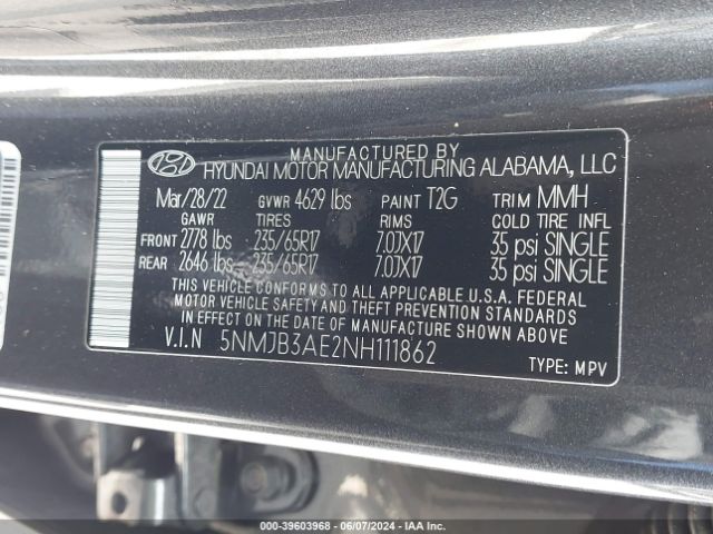 5NMJB3AE2NH111862 Hyundai TUCSON SEL