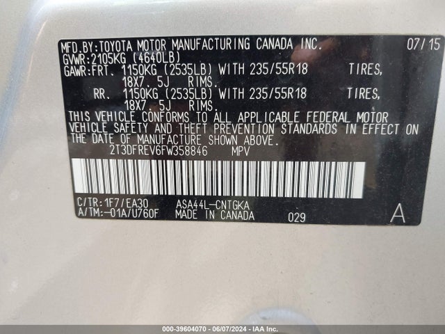 Toyota Rav4 Limited 2015 2T3DFREV6FW358846 Image 9