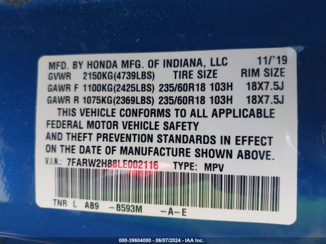 Honda Cr-v Awd Ex-l 2020 7FARW2H88LE002116 Image 9