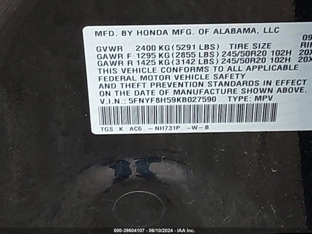 Honda Passport Ex-l 2019 5FNYF8H59KB027590 Image 9