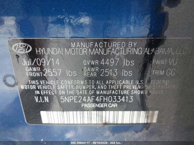 Hyundai SONATA SE 2015 5NPE24AF4FH033413 Image 9