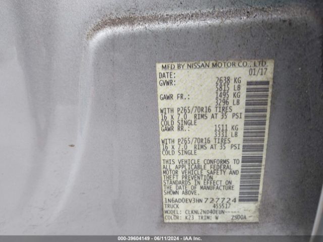 1N6AD0EV3HN727724 Nissan Frontier Sv