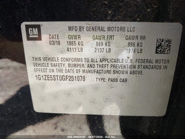Chevrolet MALIBU 1LT 2016 1G1ZE5ST0GF251078 Image 9