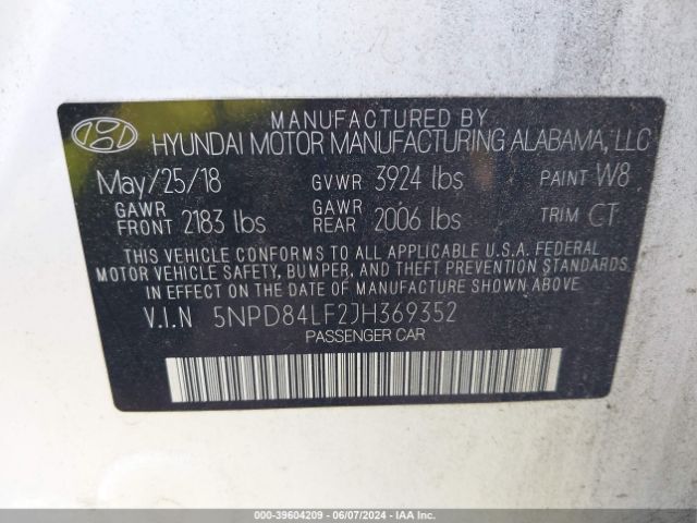 5NPD84LF2JH369352 Hyundai ELANTRA SEL