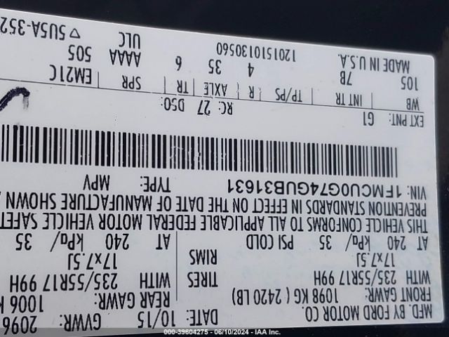 1FMCU0G74GUB31631 Ford ESCAPE SE