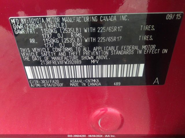 2T3RFREVXFW392889 Toyota Rav4 Xle