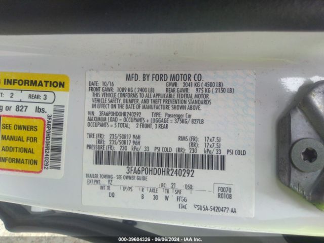 3FA6P0HD0HR240292 Ford FUSION SE