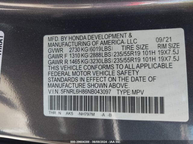 5FNRL6H86NB043097 Honda Odyssey Touring