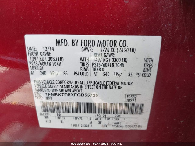 Ford EXPLORER XLT 2015 1FM5K7D8XFGB55725 Image 9