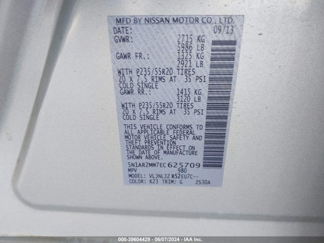 Nissan Pathfinder Platinum 2014 5N1AR2MM7EC625709 Image 9