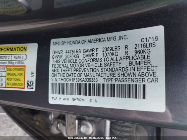 1HGCV1F39KA039383 Honda Accord Sport