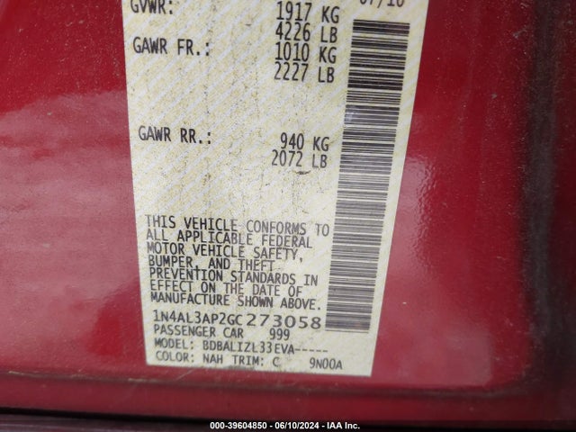 Aukcja sprzedaży 2016 Nissan Altima 2.5 Sv, vin: 1N4AL3AP2GC273058, numer aukcji: 39604850