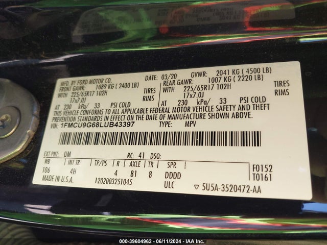 Ford ESCAPE SE 2020 1FMCU9G68LUB43397 Image 9
