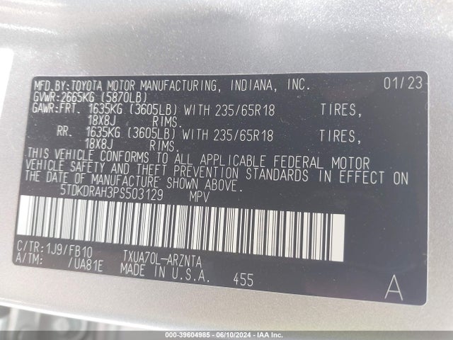 Toyota Highlander Le 2023 5TDKDRAH3PS503129 Image 9