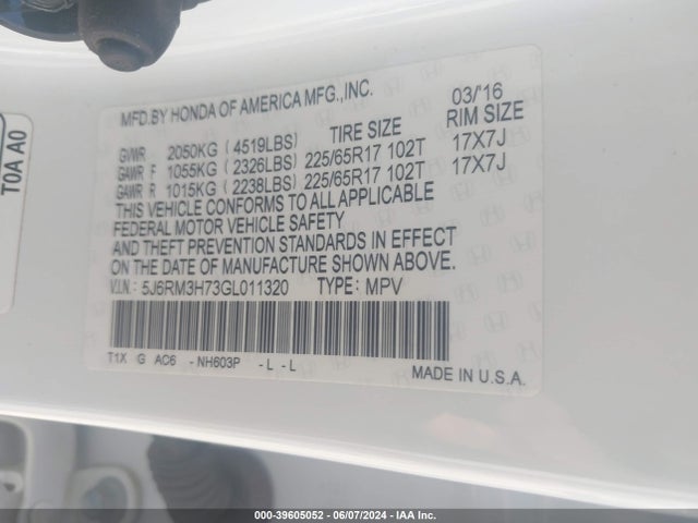 Honda Cr-v Ex-l 2016 5J6RM3H73GL011320 Image 9
