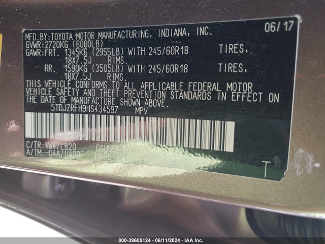 Toyota Highlander Xle 2017 5TDJZRFH9HS434597 Image 9