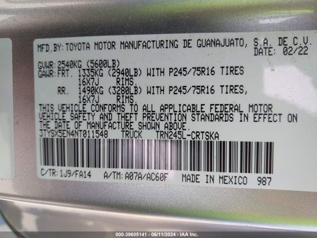 Toyota Tacoma Sr 2022 3TYSX5EN4NT011548 Image 9