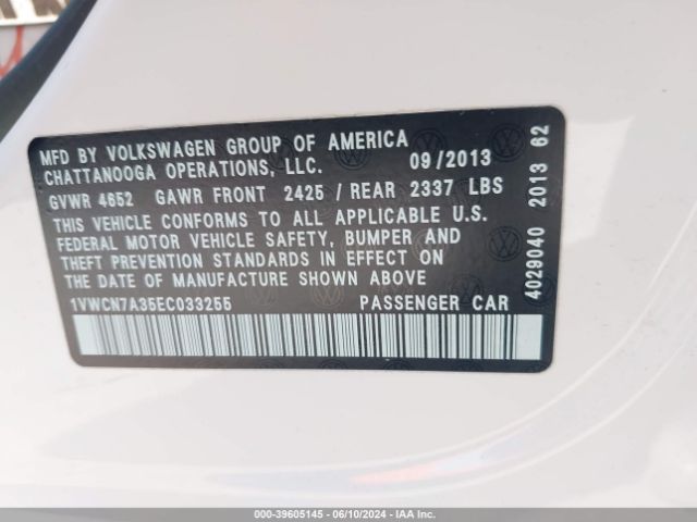 1VWCN7A35EC033255 Volkswagen Passat 2.0l Tdi Sel Premium