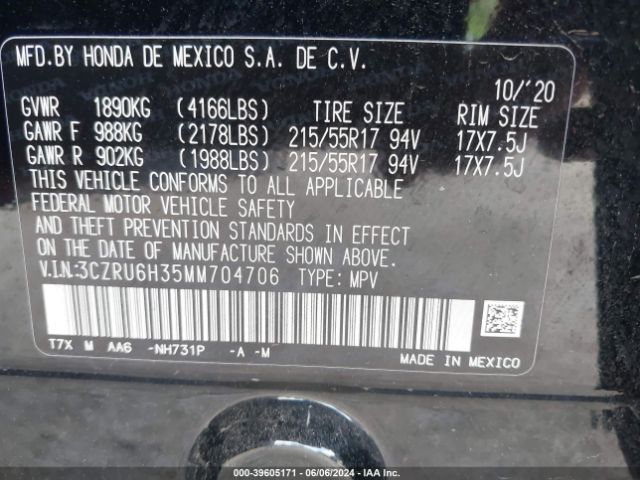 3CZRU6H35MM704706 Honda Hr-v Awd Lx