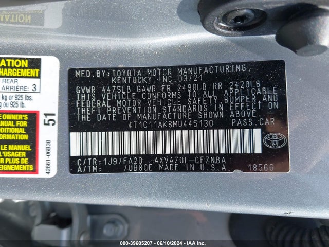 Toyota CAMRY LE 2021 4T1C11AK8MU445130 Image 9