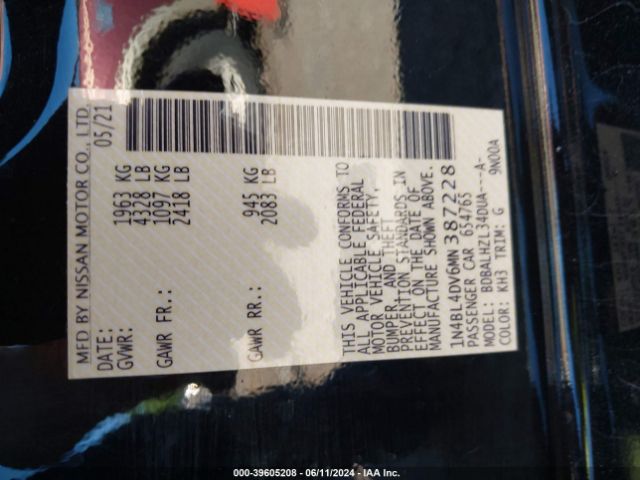 1N4BL4DV6MN387228 Nissan Altima Sv Fwd