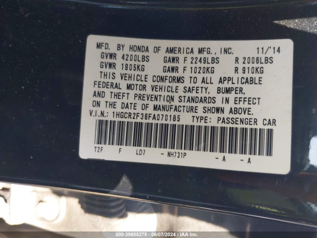 Honda ACCORD LX 2015 1HGCR2F36FA070185 Image 9