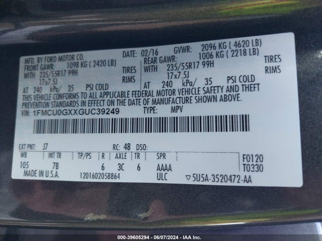 Ford ESCAPE SE 2016 1FMCU0GXXGUC39249 Image 9