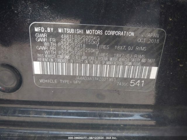 JA4AD3A31KZ021953 Mitsubishi Outlander Sel