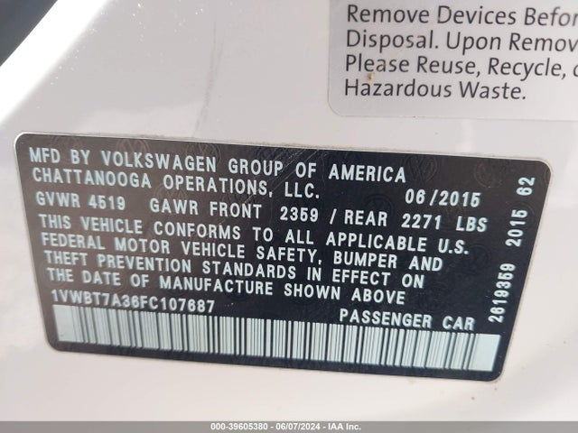 1VWBT7A36FC107687 Volkswagen Passat 1.8t Se