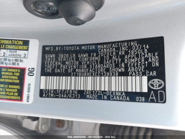 2T1BURHEXEC139938 Toyota COROLLA LE