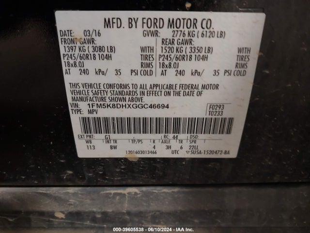 Ford EXPLORER XLT 2016 1FM5K8DHXGGC46694 Image 9
