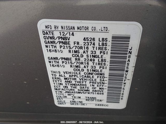 JN8AS5MV5FW751686 Nissan Rogue Select S