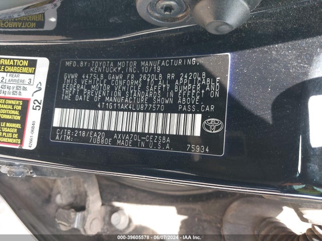 Toyota CAMRY SE 2020 4T1G11AK4LU877570 Image 9