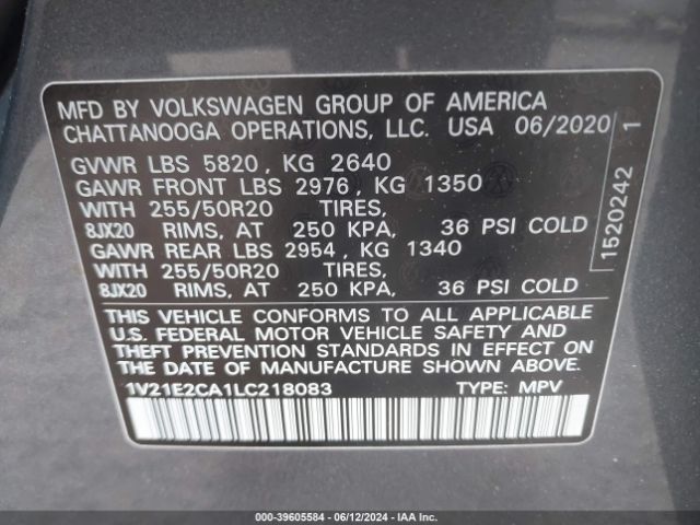 1V21E2CA1LC218083 Volkswagen Atlas Cross Sport 3.6l V6 Se W/technology/3.6l V6 Se W/technology R-line