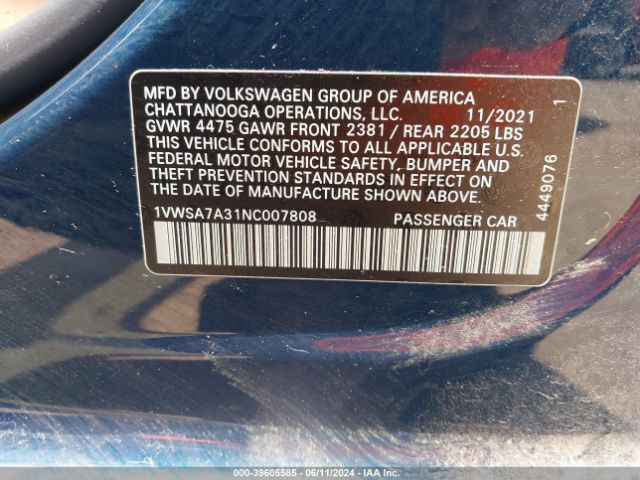 1VWSA7A31NC007808 Volkswagen Passat 2.0t Se