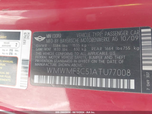 2010 MINI COOPER WMWMF3C51ATU77008 Photo 8